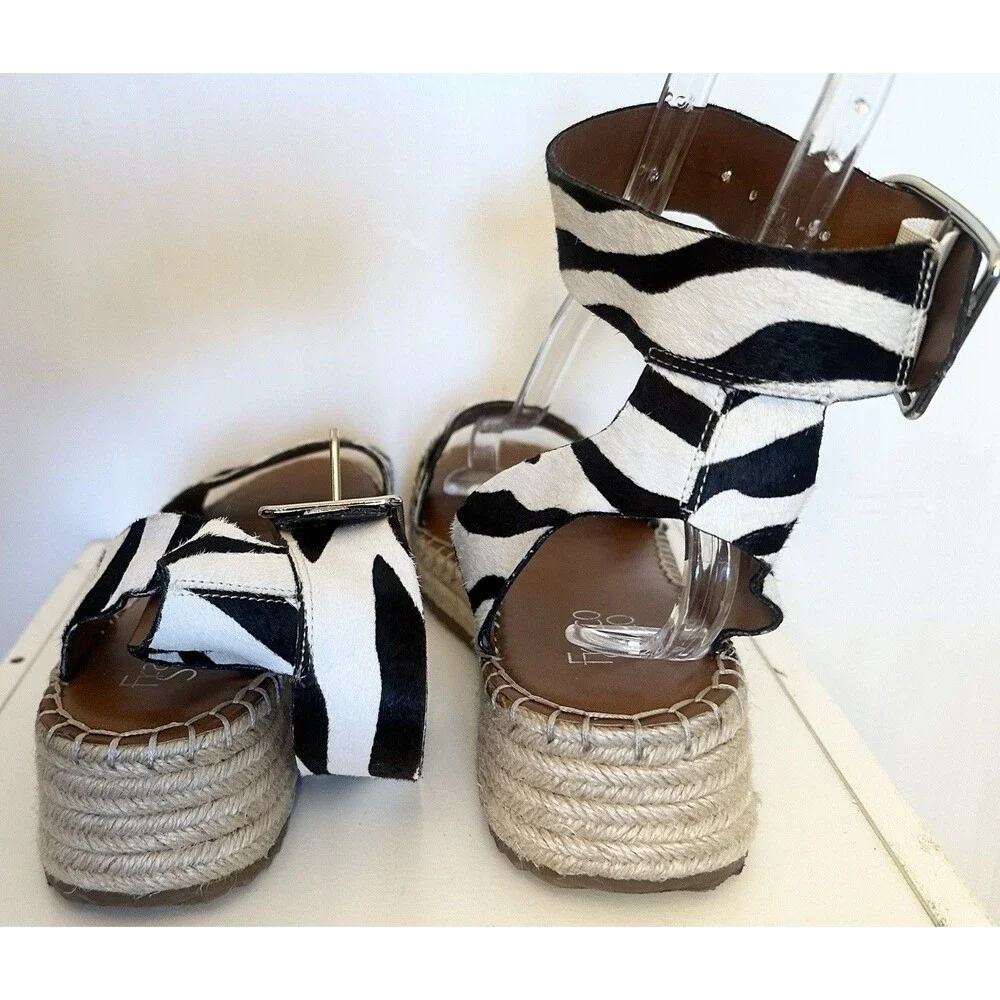 Franco Sarto Zebra Haircalf Espadrille Platform Sandals Ankle Strap US 10